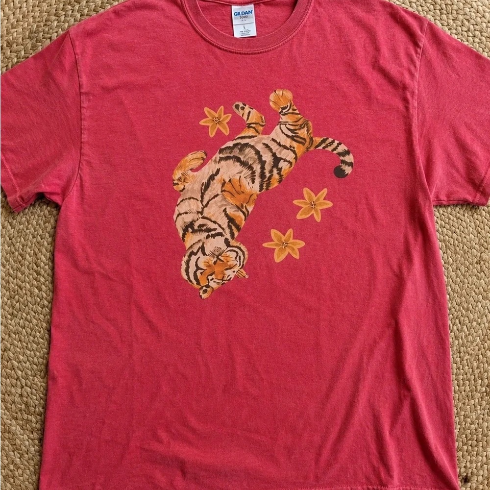 Gildan Red Tee with Playful Tiger and Yellow Flowers